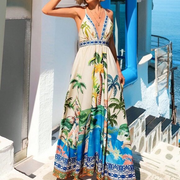 Multicolor Boho Women's Tropical Print Spaghetti Strap Backless Maxi Dress - Picture 8 of 10